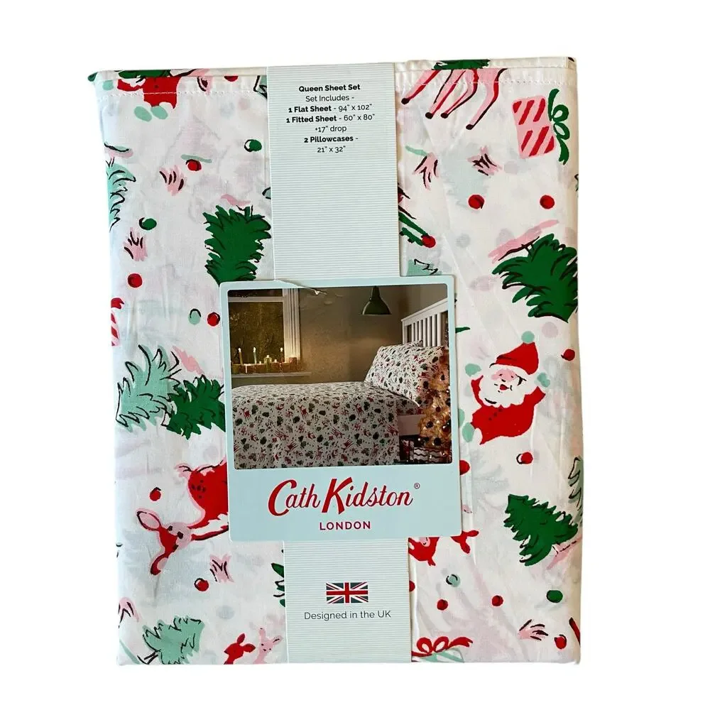 Cath Kidston London 4pc QUEEN Sheet Set Christmas Ditsy Deer Pink Cotton NEW